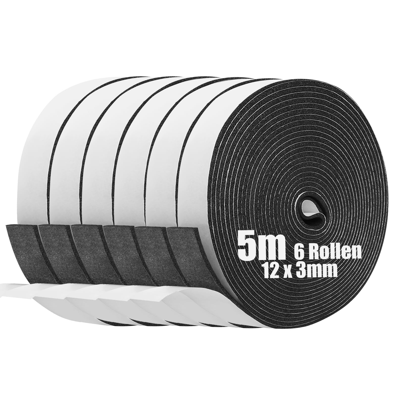 SDLDEER Foam Tape, Self Adhesive Foam Strip 12mm(W) X 3mm(T) X 5m(L) Weather Stripping Door Seal Strip, Draft Excluder for Windows Door, Anti-Collision, Weatherproof, Window Soundproofing(6 Rolls)