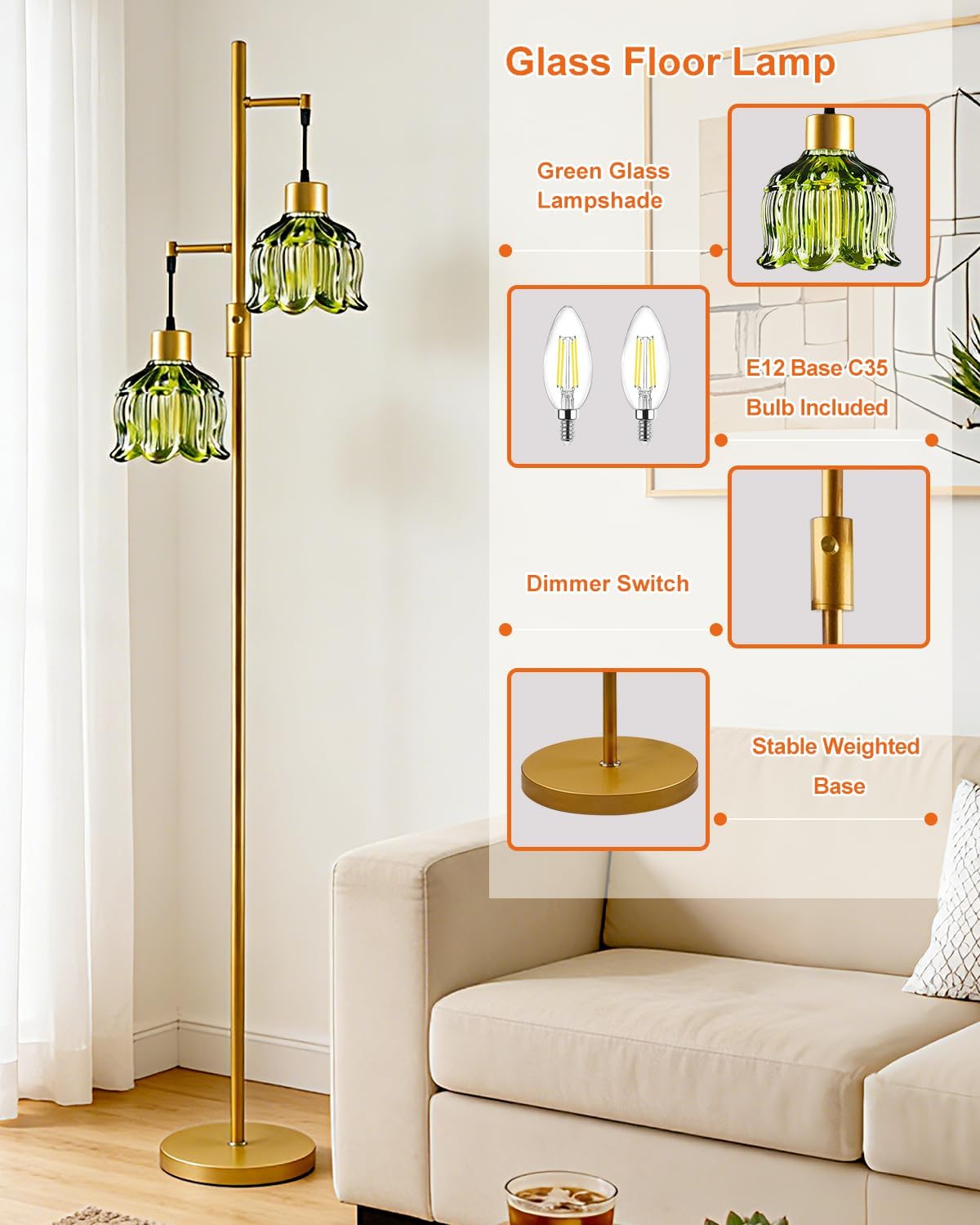 Lightdot 2- Light Gold Flower Floor Lamp, 65IN Green Glass Floor Lamps with 3000K Warm White Bulbs, Modern Standing Tall Lamp for Living Room Bedroom Home Office Corner Sofa Beside
