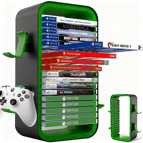 wigmoa OYO-1【15.8INCH】Game Storage Tower Compatible with PS5/ Xbox Series S & X/Switch, Universal Video Games Discs Organizers 18 PCS with 4 Controllers Holder, Game Disk Box Stand. (Black/Green) - Black/Green