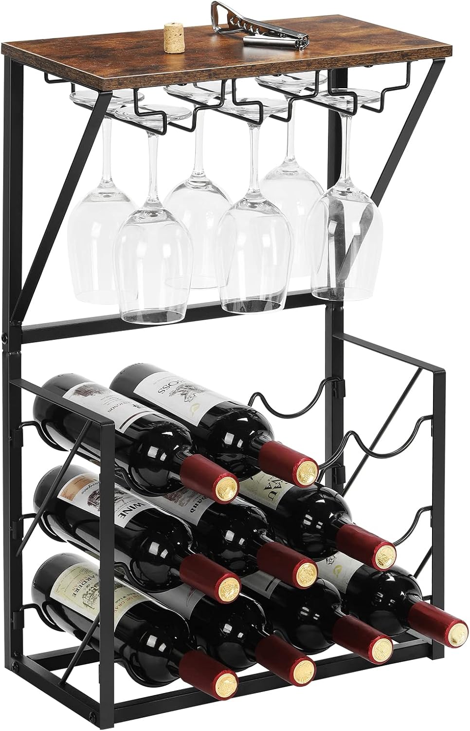 Estante para Vino MOOACE, Soporte para 12 Botellas y 6 Copas, Madera y Metal