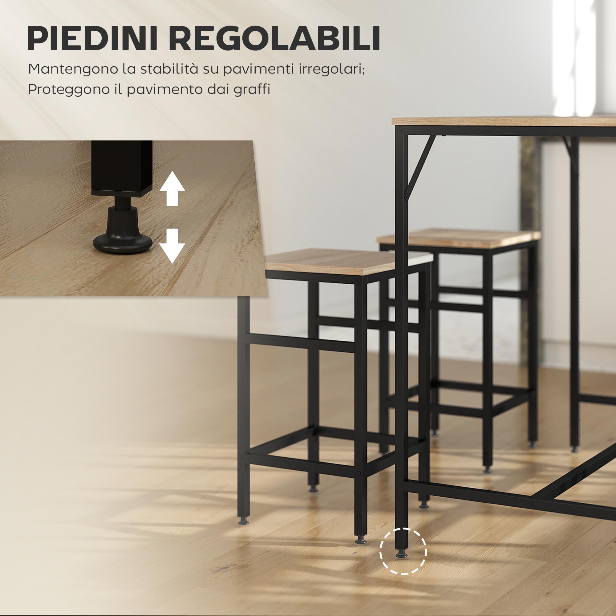 HOMCOM Set Tavolo Moderno da Cucina, Tavolo Alto con 4 Sgabelli Stile Industriale, Metallo e Legno, Arredamento Moderno, Soggiorno e Cucina, 100Lx60Px88Acm, Rovere Chiaro