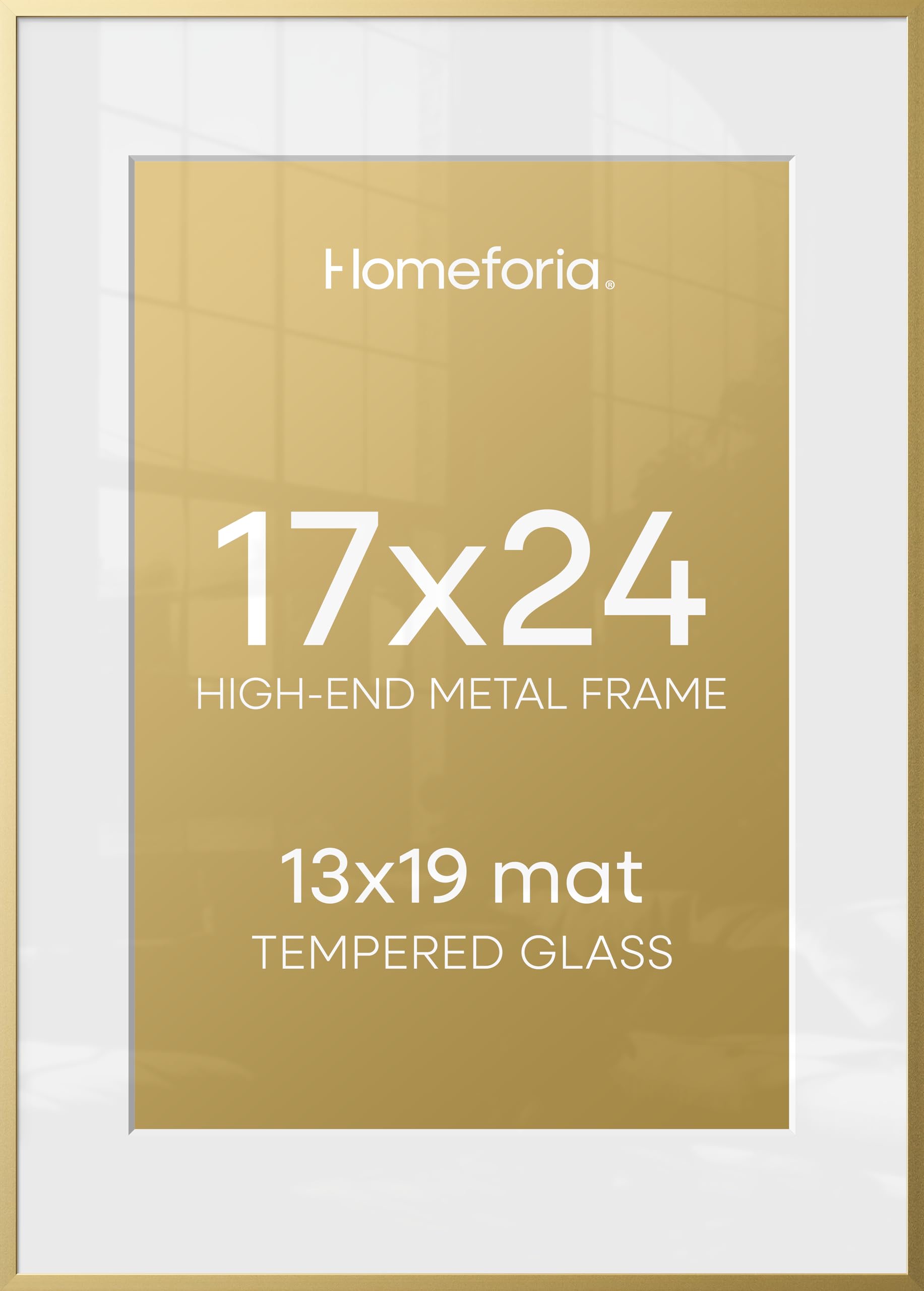 Homeforia 17x24 Picture Frame Gold, High End Metal 17x24 Poster Frames with Mat 13x19 Photo, 17 x 24 Gold Frame Matted to 13 by 19 Print, 24by17 Thin Hanging Frames, Tempered Glass, Wall Kit, Set of 1
