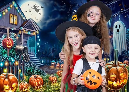 Miniatura 4 de Fondo de fotos de Halloween de dibujos animados de 10 x 8 pies, telón de fondo con tema de calabaza de calabaza, mansión de calabaza, luz de luna,
