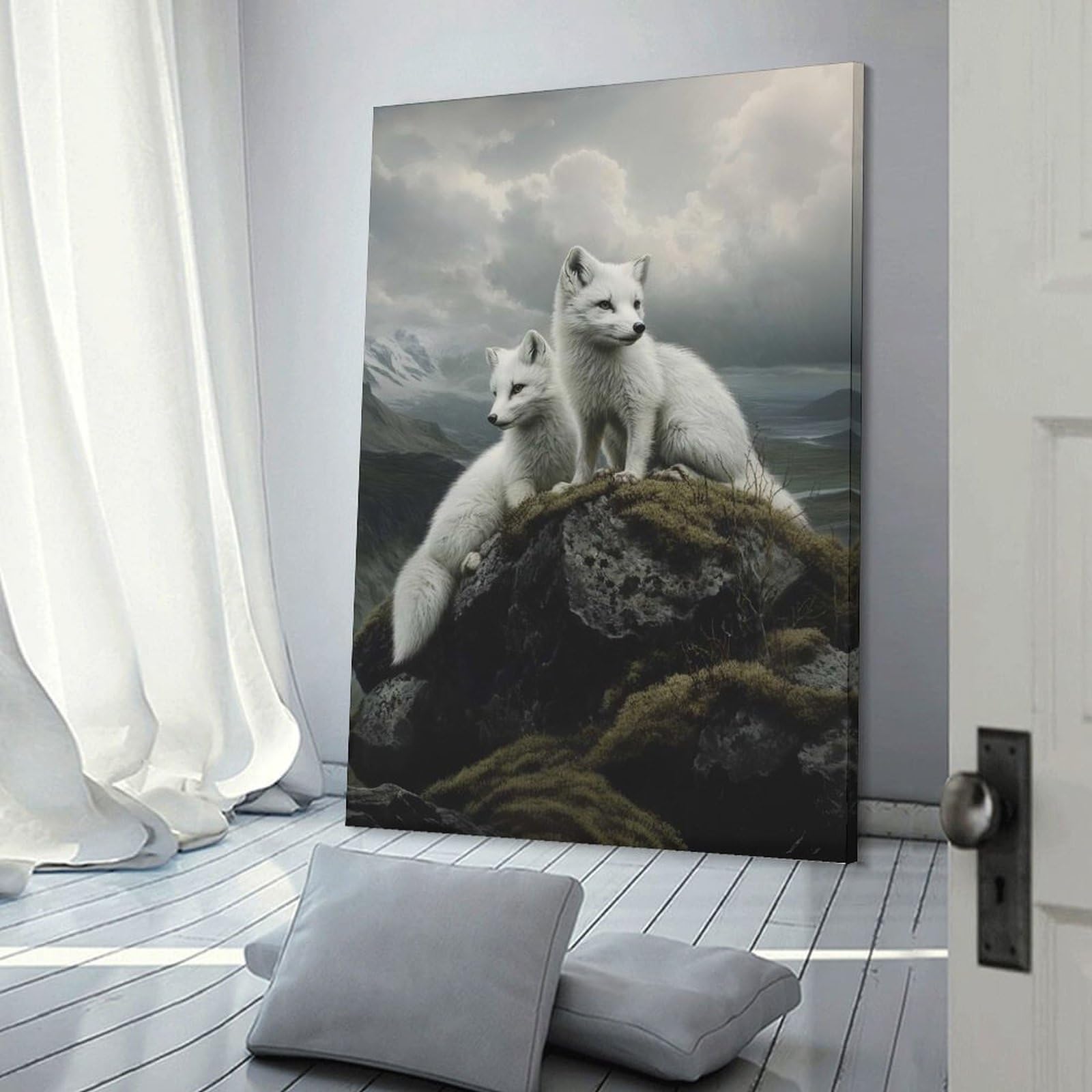 Junmoney Frame-Style-13 Decorative Wall Artwork Arctic Fox Duo, 24X36inch(60X90cm), For Contemporary Homes, Apartments Or Offices, An Easy Choice For New Home Styling