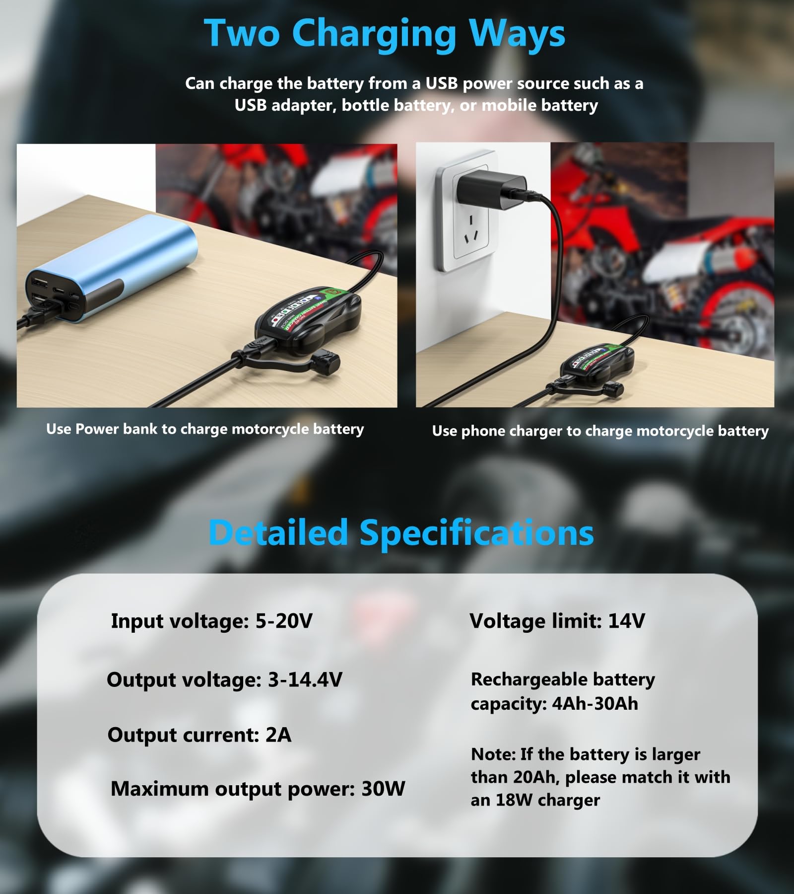 2A Smart Battery Charger, USB Input 12V Automatic Motorcycle Charger, Maintenance Charging, Lead Acid, AGM Lithium Battery Charger - Easy to Charge 12V Batteries with Power Bank or Socket
