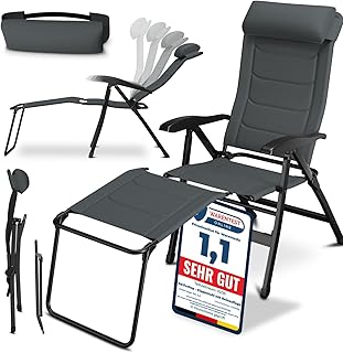 ELONEO Campingstuhl faltbar mit Abnehmbarer Beinauflage, Klappstuhl gepolstert aus Aluminium, Gartenstuhl klappbar, Liegestuhl mit Verstellbarer Rückenlehne, Camping Chair grau gepolstert