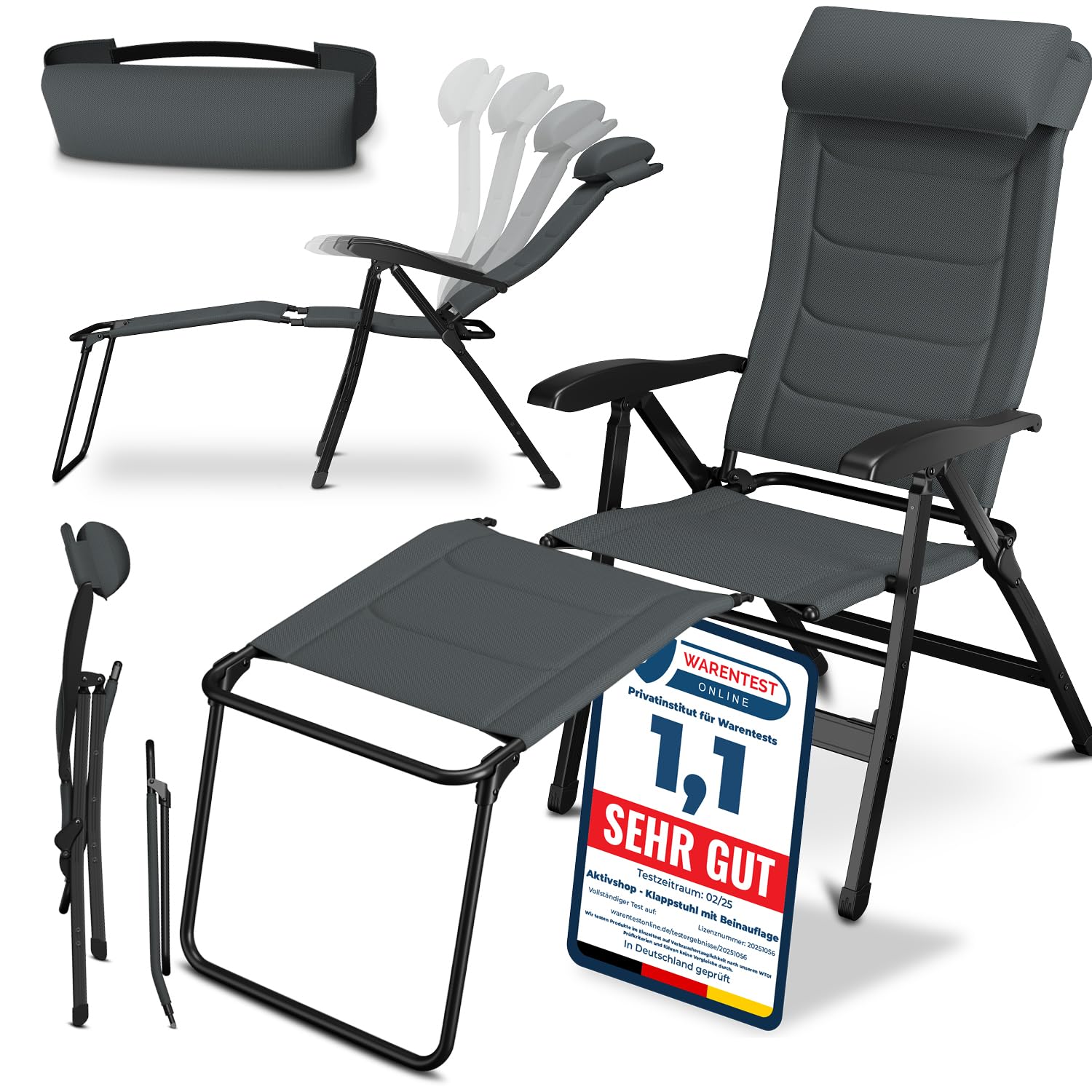 ELONEO Campingstuhl faltbar mit Abnehmbarer Beinauflage, Klappstuhl gepolstert aus Aluminium, Gartenstuhl klappbar, Liegestuhl mit Verstellbarer Rückenlehne, Camping Chair grau gepolstert