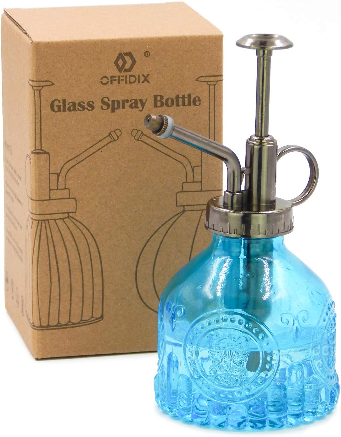 OFFIDIX Plant Mister Glass Spray Bottle, 6.3" Tall Retro Indoor Succulent Watering Can with Plastic Top, One Hand Watering Can Indoor Plant Mister Spray Bottle for Garden, Plants, Cleaning (Blue)