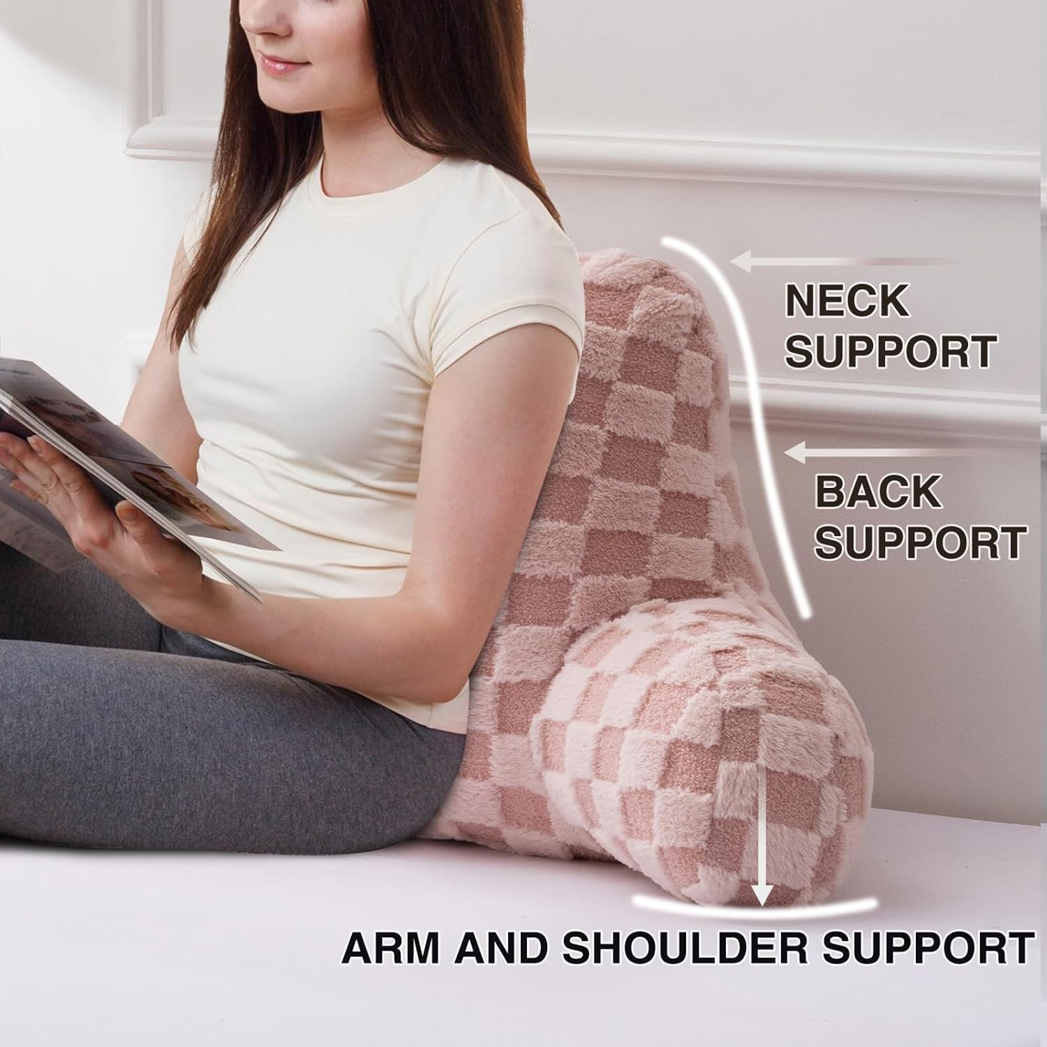 A Nice Night Faux Fur Reading Pillow,Checkered Fluffy Grid Plaid,Bed Wedge Pillow Large Adult Children Backrest with Arms for Bedrest,Pink