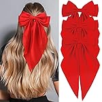 Velscrun Red Hair Bows for Women Girls, Silky Satin Large Coquette Bow Oversized Hair Ribbons Big Bows Clip, Long Tail Bowknot Hair Barrettes Halloween Christmas Hair Bow Accessories
