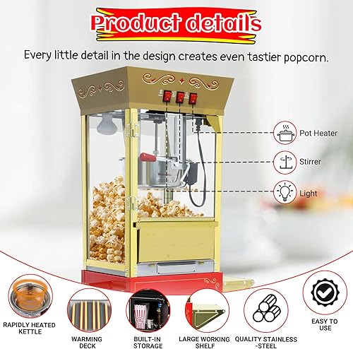 Miniatura 5 de Máquina de palomitas de maíz vintage con carro, hervidor de acero inoxidable de 12 onzas y luz de calentamiento, hace hasta 60 tazas, ideal para