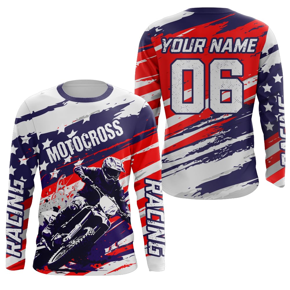 Adult&Kid UPF30+ American Flag Jersey Motocross Custom Dirt Bike Jersey Off-Road Motorcycle Racing Shirt XM61 (Adult Jersey)