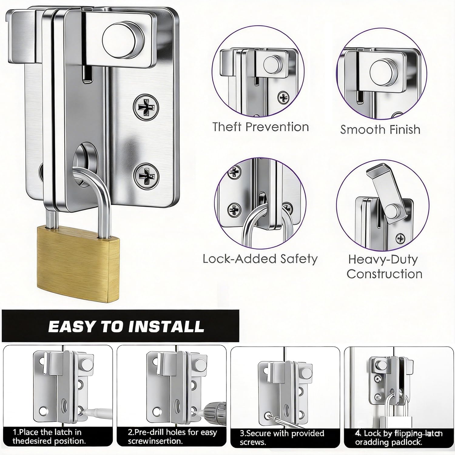 Chiavistello per porta con serratura in acciaio inox con lucchetto, foro di chiusura della porta, per porte in legno, armadio da giardino, aperto a destra (Argento, L: 52 x 62)