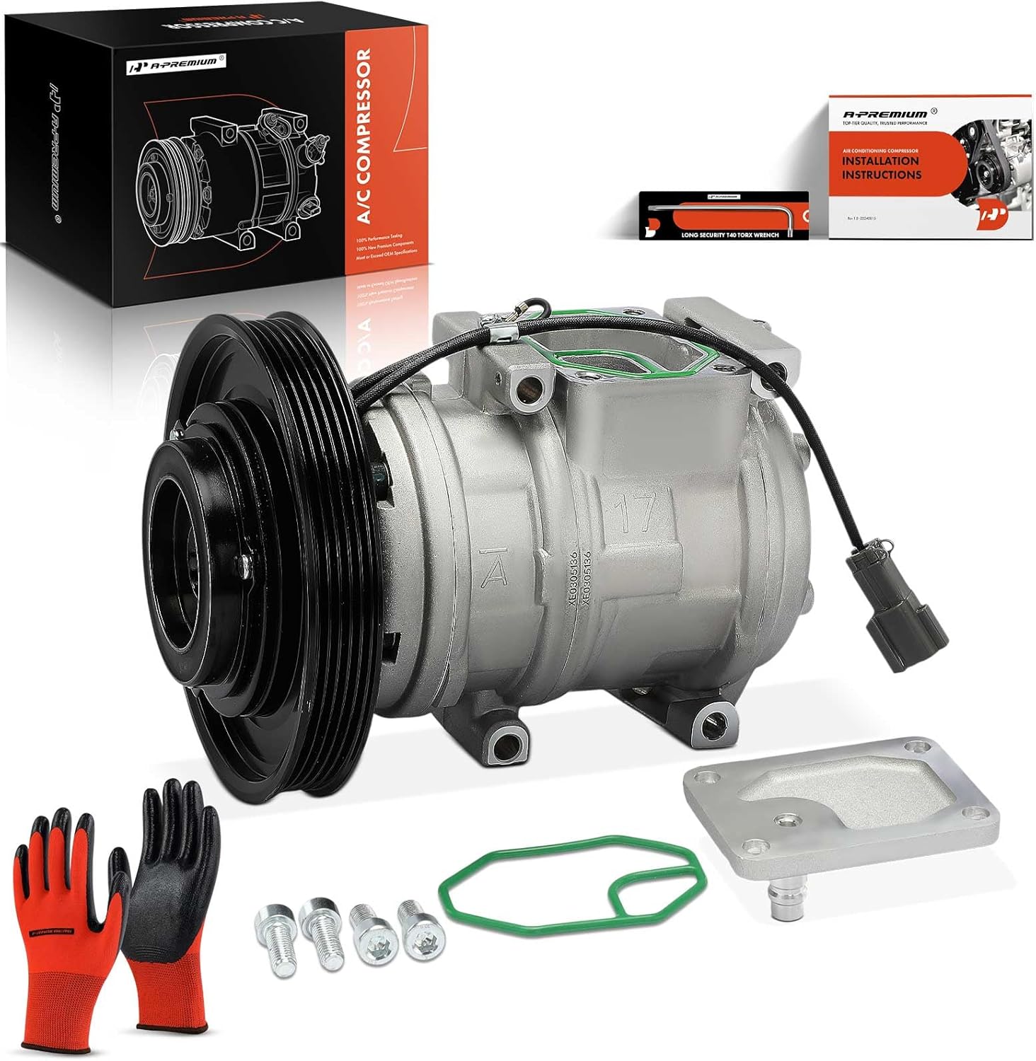 A-Premium Air Conditioner AC Compressor with A/C Clutch (w/ 5-Groove Pulley) Compatible with Honda Accord 2.2L 1990 1991 1992 1993, with 10PA17C Compressor