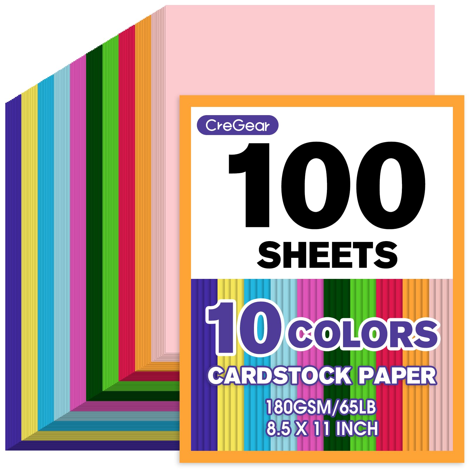 CreGear 100 hojas de cartulina de colores, 10 colores surtidos, papel de cartulina de 8.5 x 11 pulgadas, cartulina de 180 g/m²/65 libras, papel de cartulina para hacer tarjetas, manualidades, álbumes
