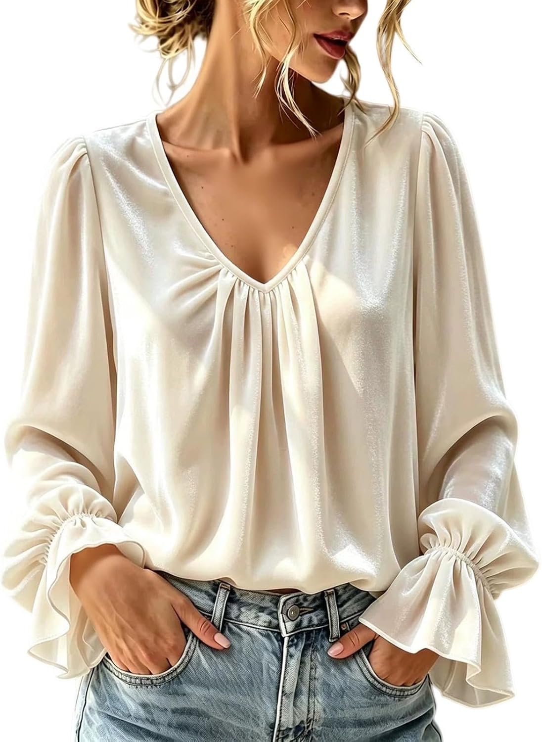 Women Velvet V Neck Peplum Blouse,Long Puff Sleeve,Ruched Loose Shirt | Luxurious velour texture, three‑dimensional peplum shape, refined look for dates and social get‑togethers