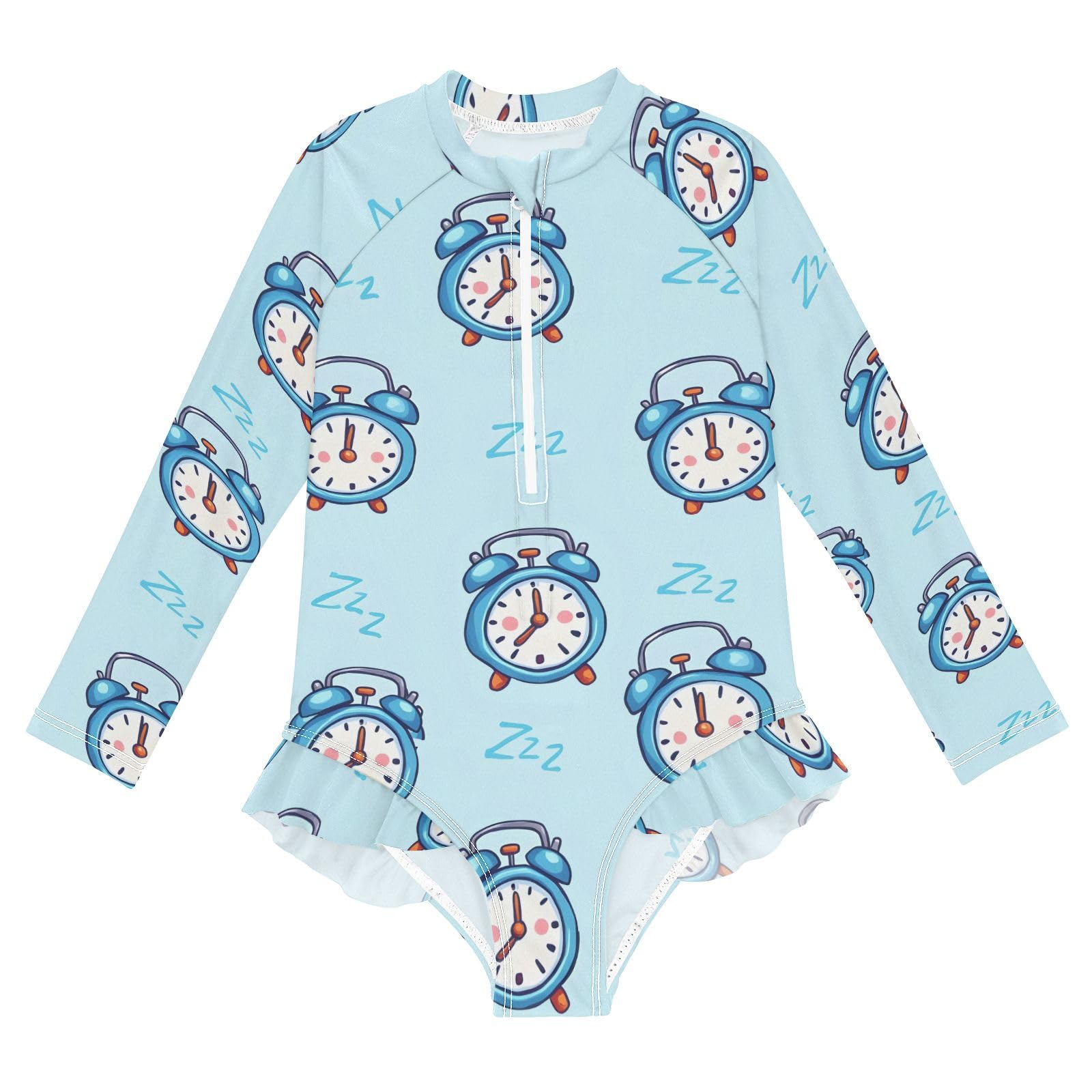 Toddler Swimsuit Girl Bathing Suit Swimwear Rash Guard Blue Alarm Clock Long Sleeve 3T