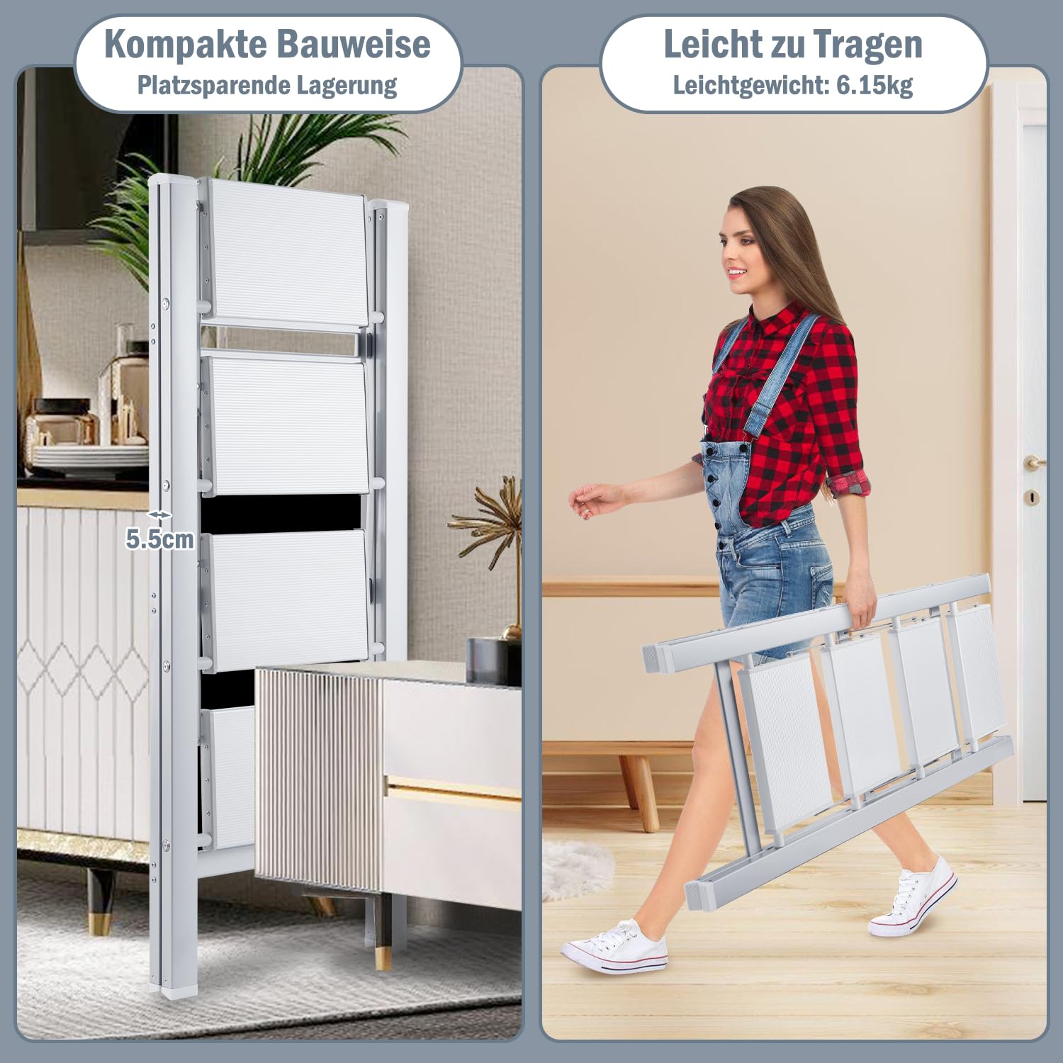 Aluminium Stufenleiter, 4 Stufen Klapptritt, Aluminium Tritthocker, rutschfeste Stehleiter, klein und kompakt, Belastbar bis 150 kg für Haushalt/Büro/Tragbare Lagerregal(Weiß)