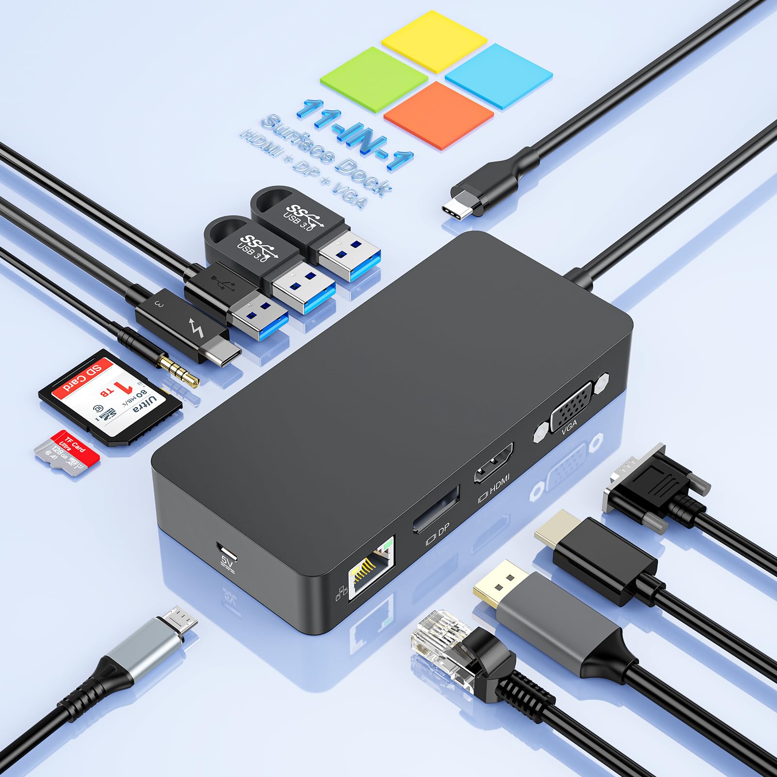 Stacja dokująca Surface USB-C 11 w 1 kompatybilna z Surface Pro 11/10/9/8/X/7, potrójny wyświetlacz 4K HDMI+DP+VGA, PD 100W, Gigabit Ethernet, koncentrator USB-C do tabletu Surface Laptop i