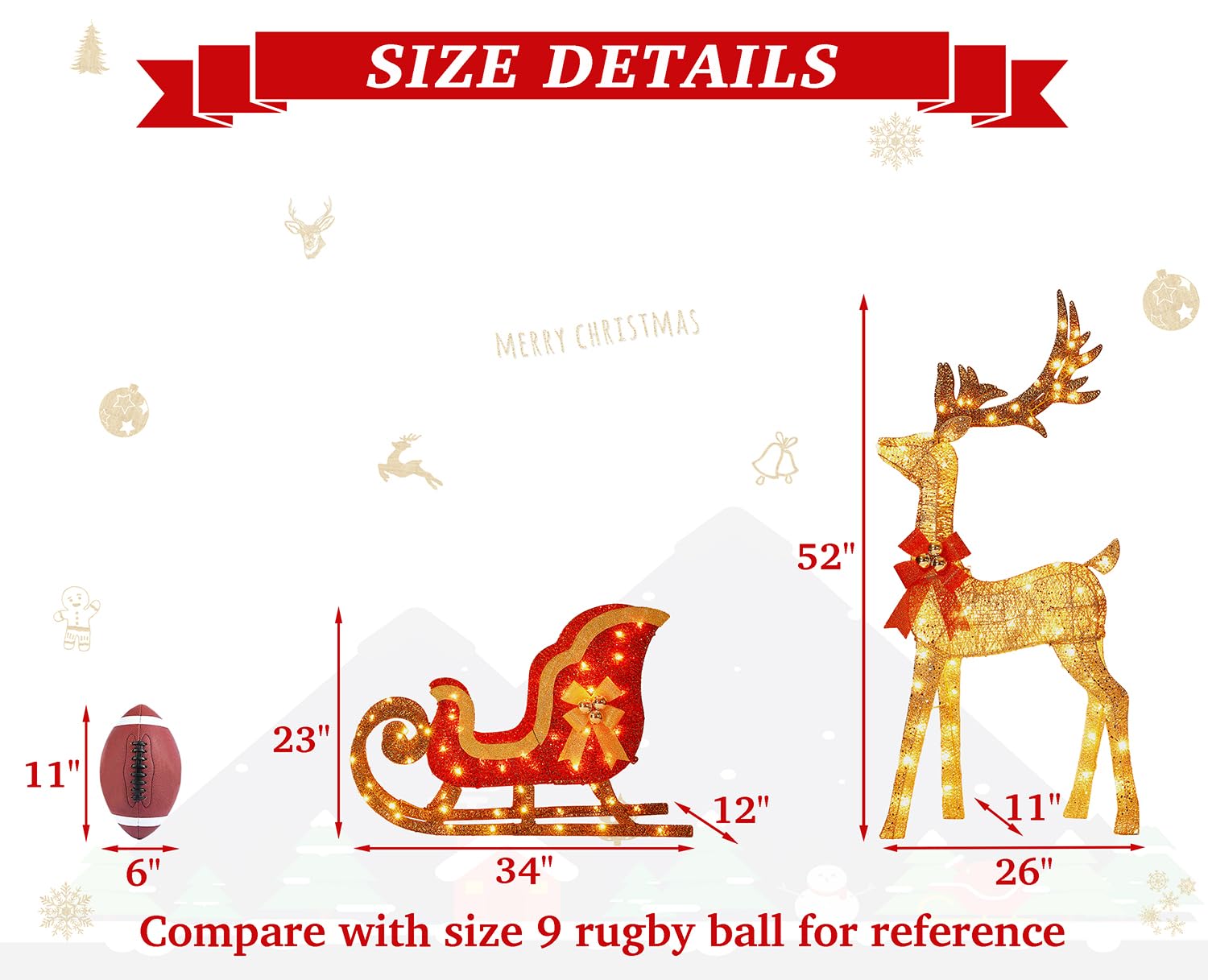 132 cm 3D Gold Groß beleuchtet Weihnachten Rentier & Schlitten Dekorationen 2 Stück Outdoor Urlaub Dekorationen Rentier Set mit 160 warmweißen LEDs Große Hofanzeige für Garten Schaufenster