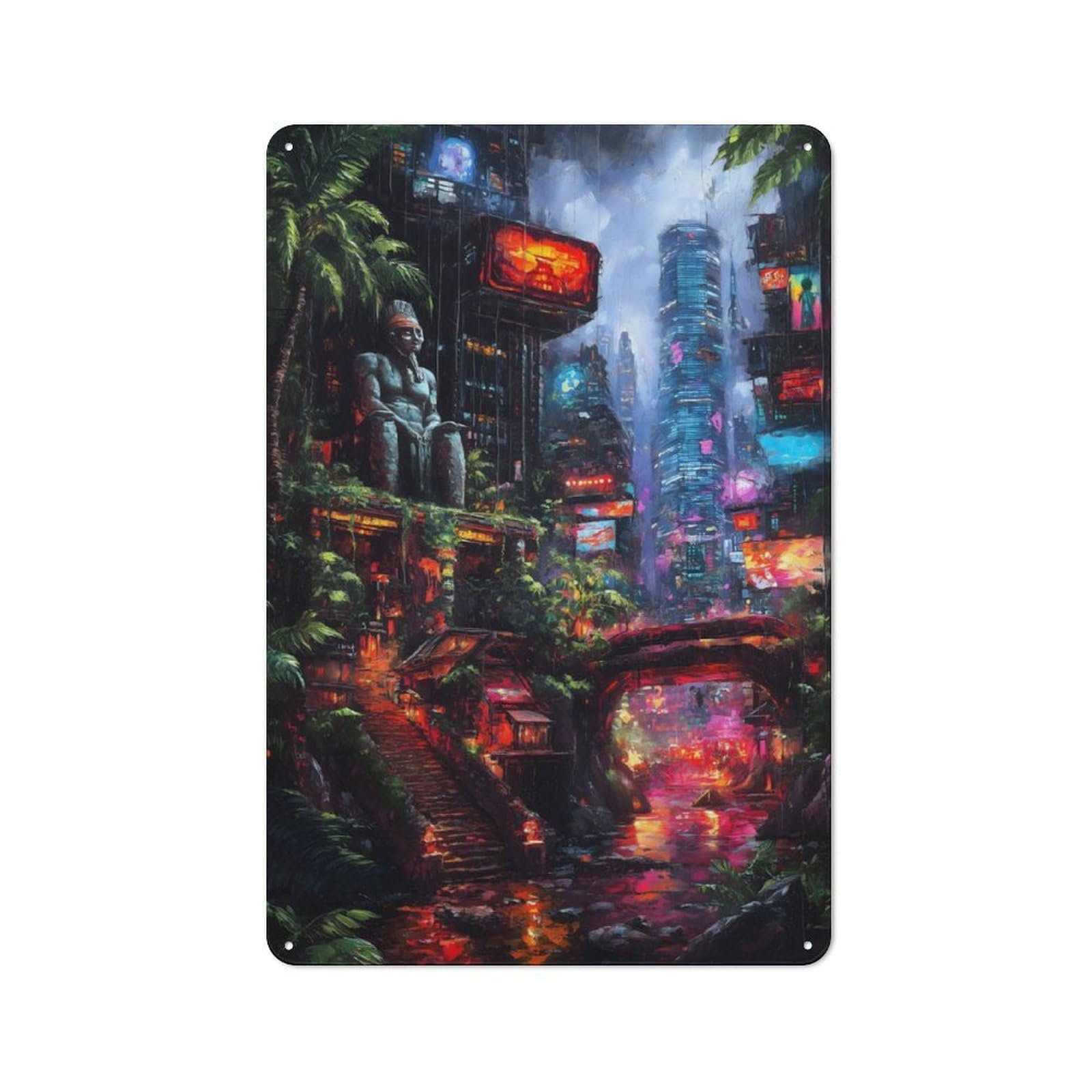 Vintage Tin Sign with Jungle Cityscape Design 30x20cm, Nostalgic Nostalgic Wall Art for Living Room, Hallway, Kitchen Or Cafe