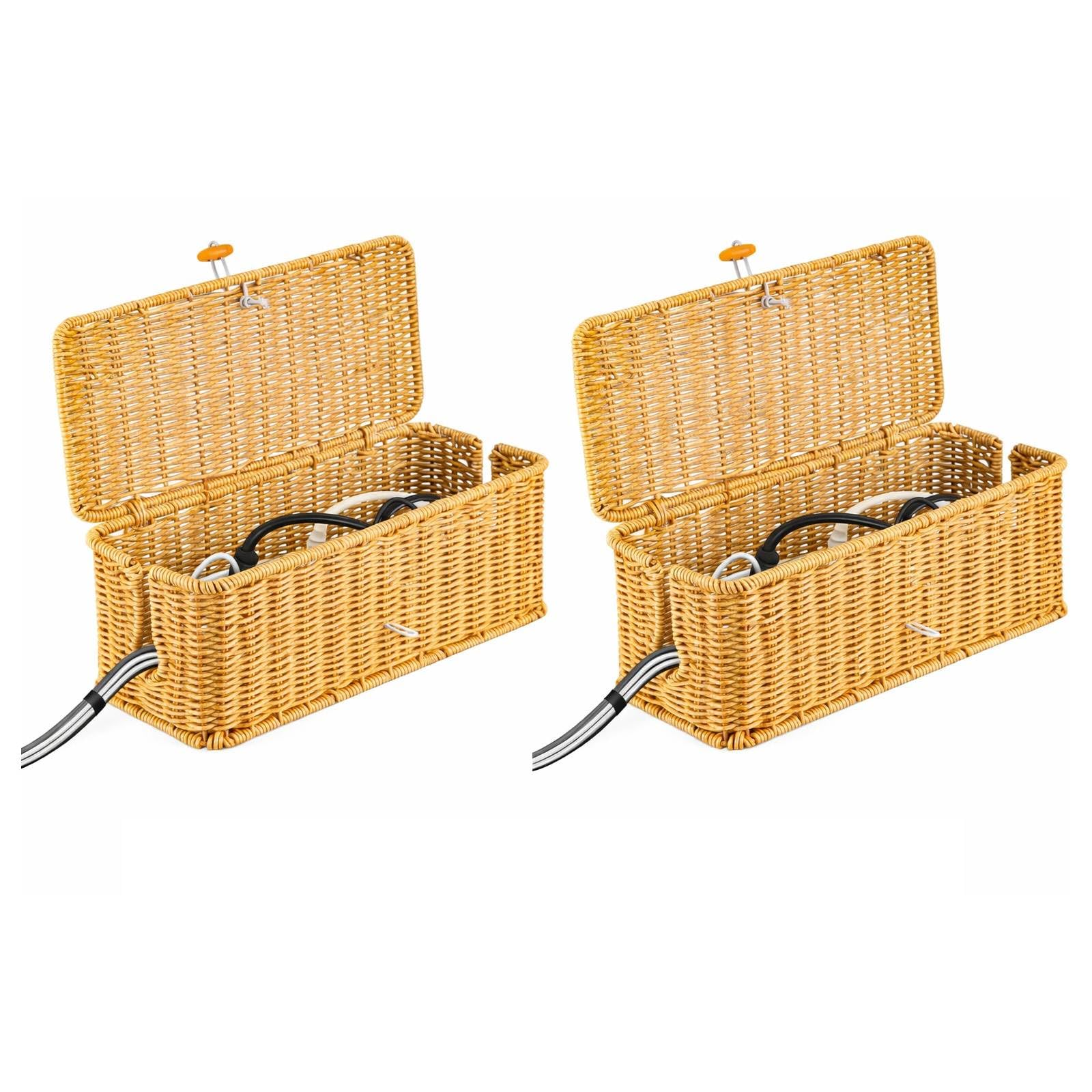 GREENSAPPIRE Handmade Rattan Cable Tidy Box – Stylish Cable Management Box & Under-Desk Cable Organiser Box with Lockable Lid, Side Openings for Power Strip, Home Wire Tidy Cable Box (Brown L, 2PCS)