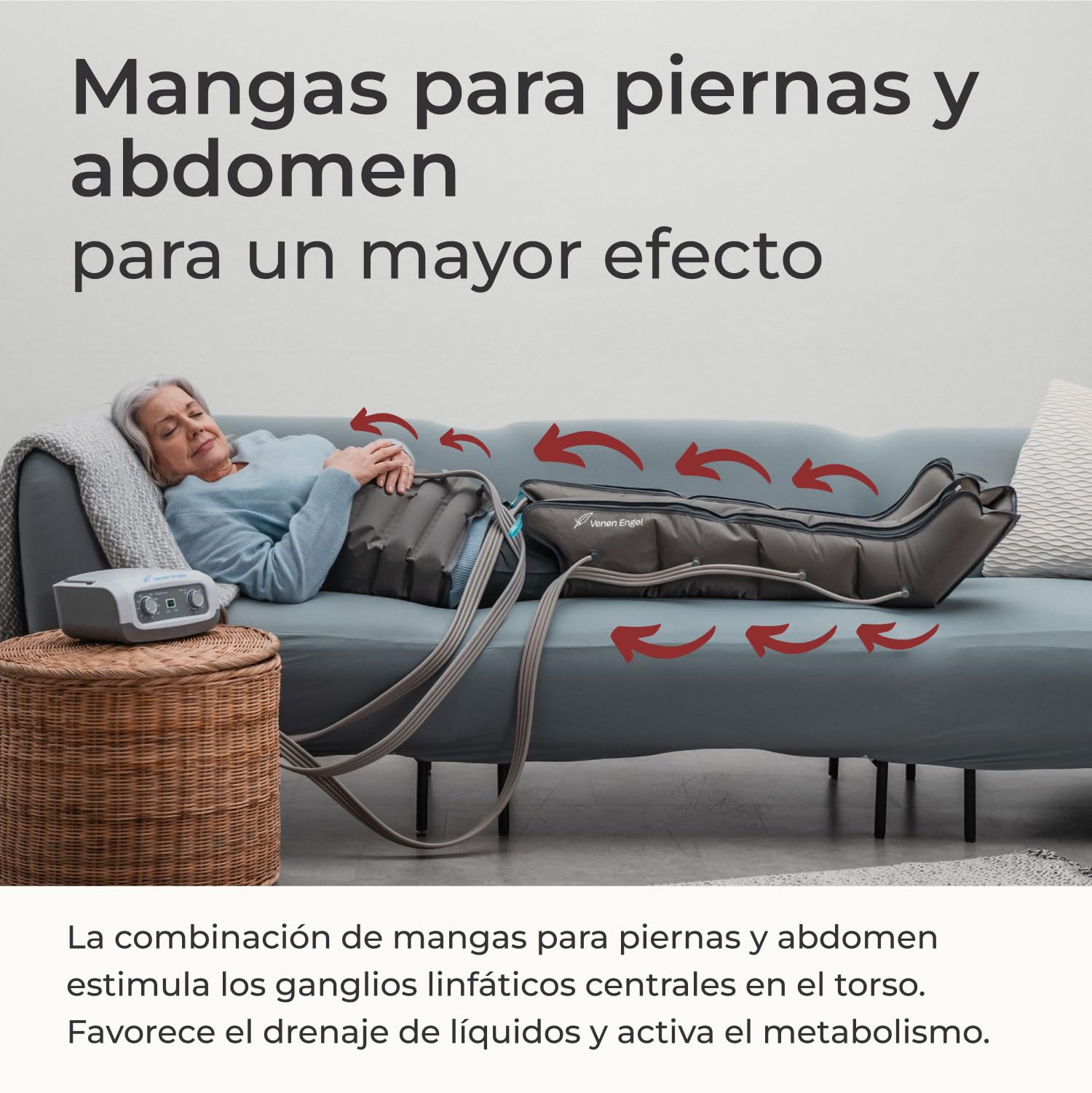 Venen Engel 4 equipo de masajes por presoterapia para casa con botas para las piernas y faja abdominal, 4 cámaras de aire, presión y tiempo fácilmente configurables