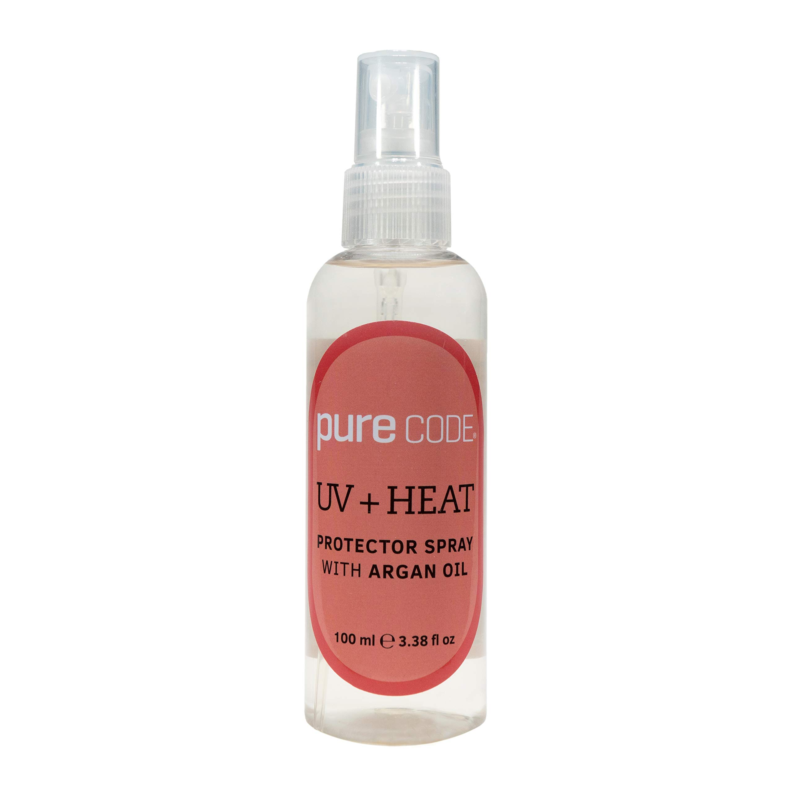 PURE CODE UV + Heat Protector Spray with Argan Oil-Protects Hair Up To 450º F Against Curling Irons & Blow Dryers - Argan Oil Hair Treatment Spray - Made in USA 3.38oz