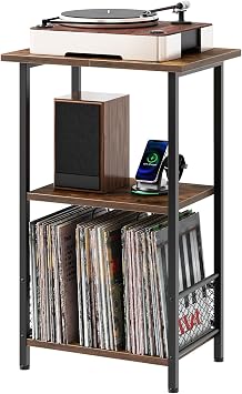 HOOBRO Record Player Stand, Turntable Stand up to 100 Albums, 3-Tier Album Vinyl Record Storage Rack with Dividers, End Table, for Living Room, Bedroom, Rustic Brown and Black EBF06RS01