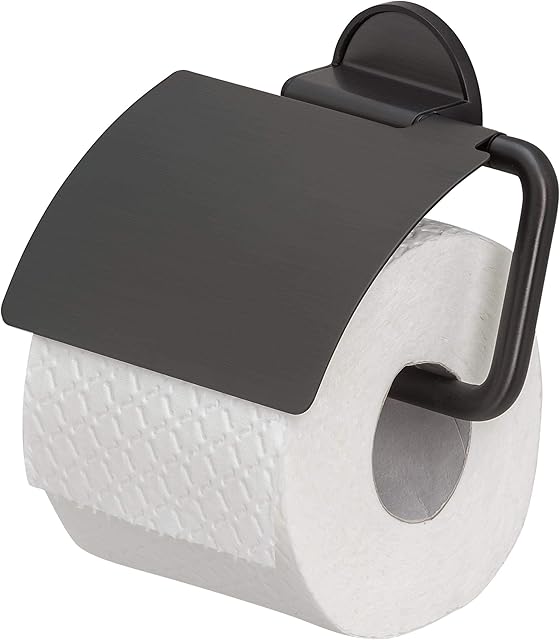 Tiger Tune Toilet Roll Holder, No Drilling Required Thanks to 3M Self-Adhesive Backing System, Optional Mounting with Screws and Plugs, Stainless Steel, Black, 15 x 12.3 x 3.3 cm