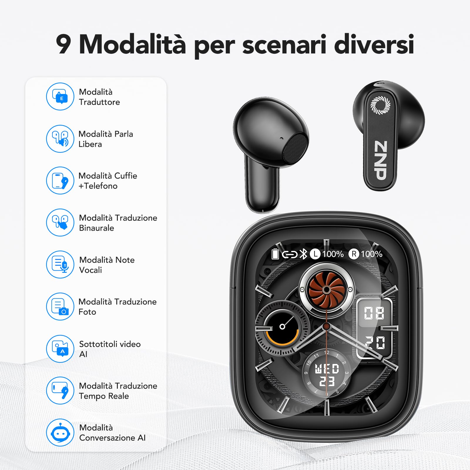 N02 Cuffie Traduzione Simultanea, 4-1 AI Auricolari Traduttore Suono Hi-Fi, 165 Lingue e 9 Modalità, Autonomia 48 Ore, Auricolari Touchscreen, Bluetooth 6.0 Ideali per Viaggi, Affari e Studio