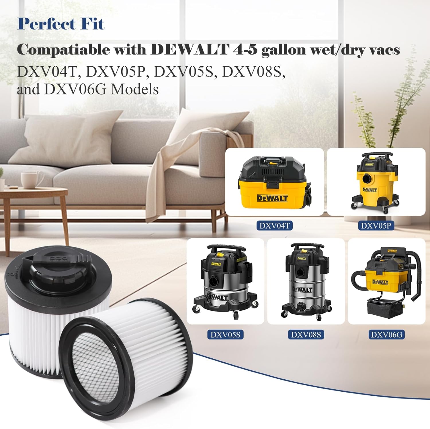 2 Pack DXVC4001 Vacuum Filters Replacement, Compatible with DEWALT 4-5 gallon wet dry shop vac DXV04T DXV05P DXV05S DXV08S and DXV06G