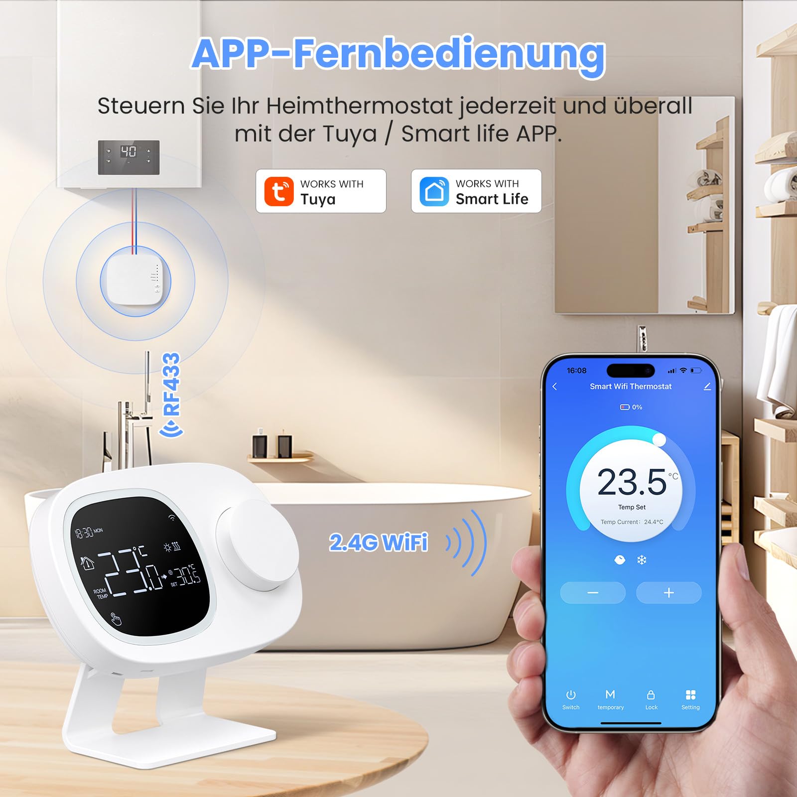 MIUCDA Funk-Raumthermostat mit Empfänger RF Smart Wi-Fi Thermostat Gas Boiler Programmierbarer Heizungsthermostat für Wasserboiler Gasheizkessel mit Alexa Google Home