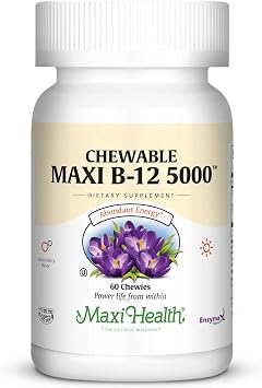 Maxi Health Chewable Vitamin B12 5000 mcg Tablets B12 Chewables for Adults, Dual Form Methylcobalamin & Cyanocobalamin Dissolvable B12 Tablets Energy, Brain & Nerve Support Kosher 60 Count