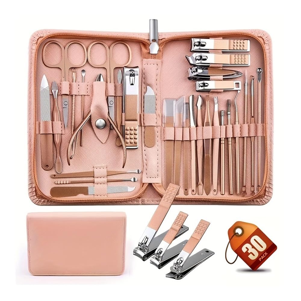 Kit de manicura para mujer, Juego de manicura rosa de 30 uds, juego de cortaúñas profesional, Kit de manicura sólido de acero inoxidable, Kit de cuidado de uñas con estuche rosa for San Valentín(Pink)