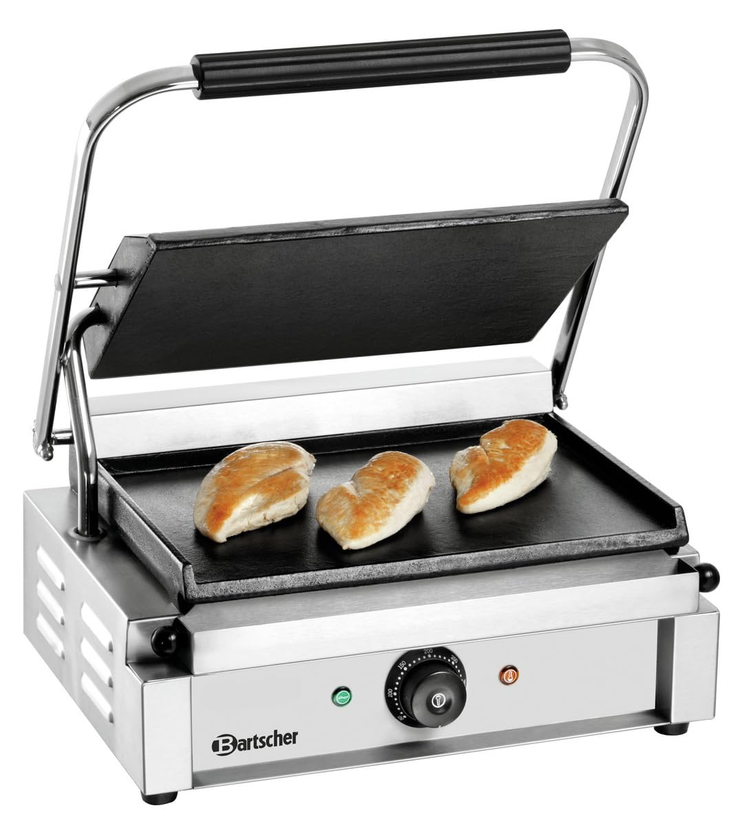 Bartscher Kontaktgrill Panini 1G – elektrischer Grill mit glatter Gusseisenplatte, 230 V, 2,2 kW, für Gastronomie, silbergrau, inkl. Reinigungsbürste