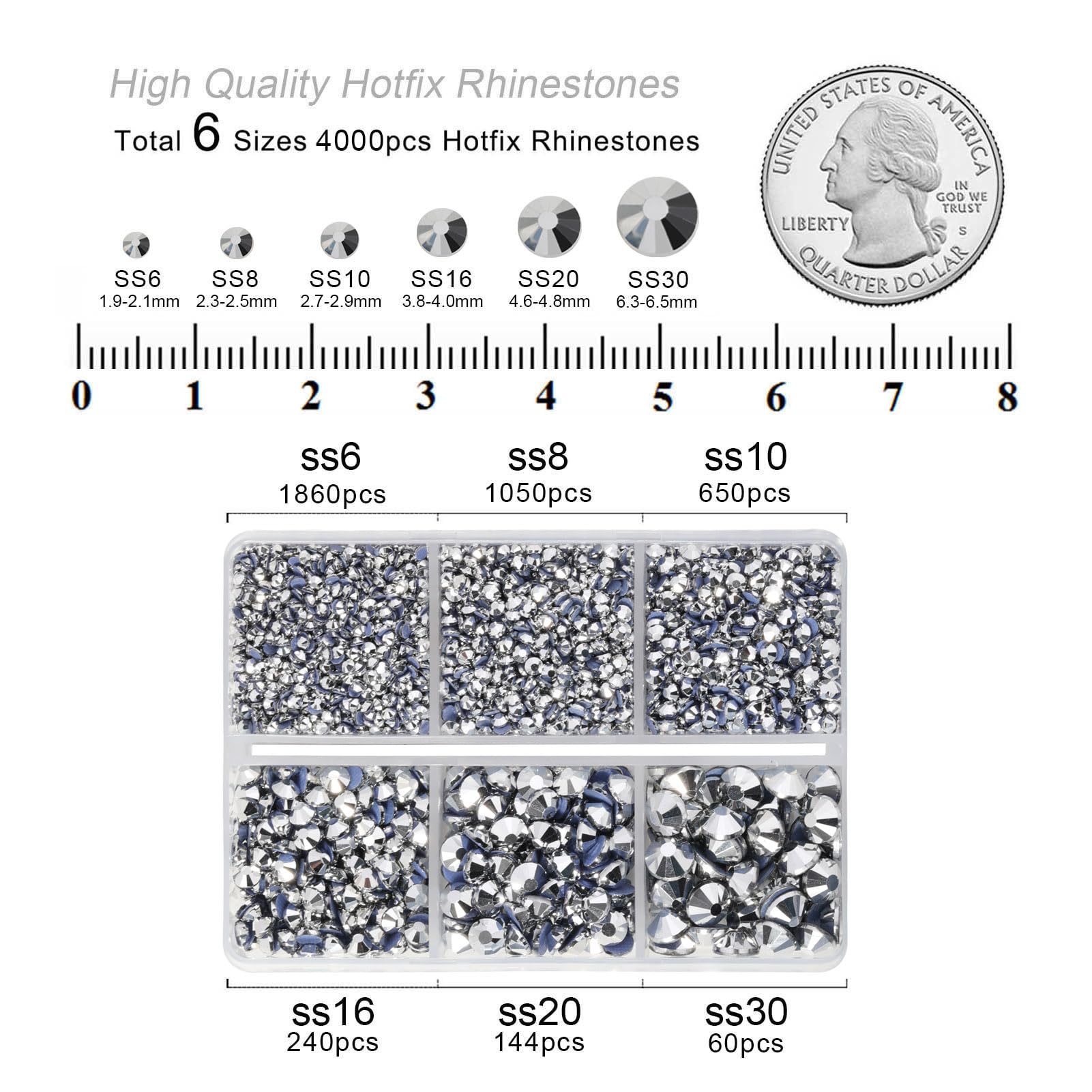 BEADSLAND Hotfix Rhinestones,4000 PCS Silver Rhinestones for Clothes Crafts Mixed 6 Sizes with Wax Pencil and Tweezers Kit,SS6-SS30,Silver Hematite - Image 4