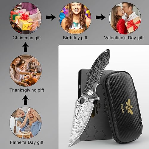 Vista 57 de Navaja de bolsillo con rompecristales, cuchillo plegable EDC Damasco con cortador de cinturón de seguridad, 3.35 pulgadas VG10 de hoja de acero