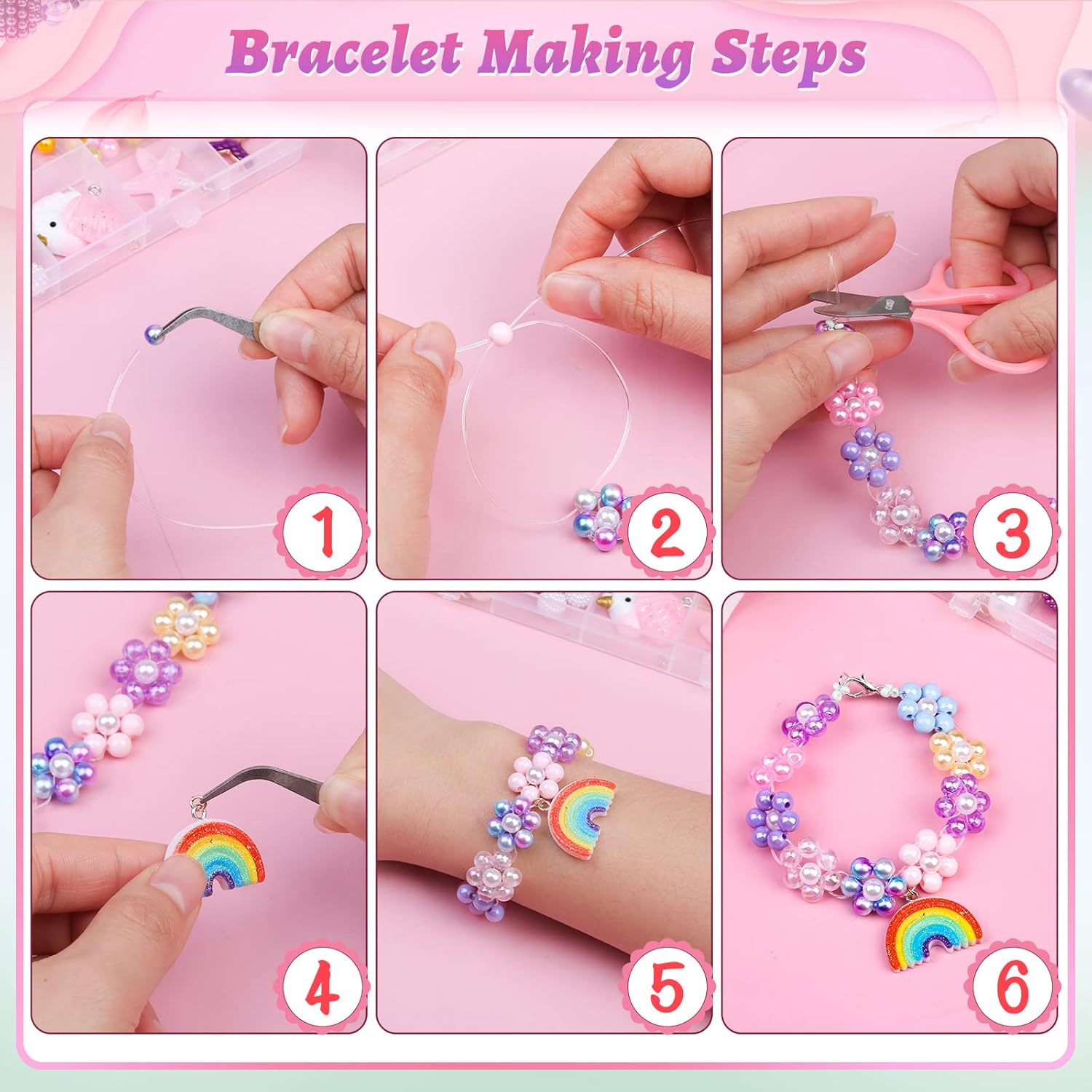 Cludoo 773Pcs Mermaid Charm DIY Beads for Jewelry Making, Unicorn DIY Bracelet Making Bead Kit for DIY Craft with Starfish Shell, Ocean Pearl Beads - Image 5