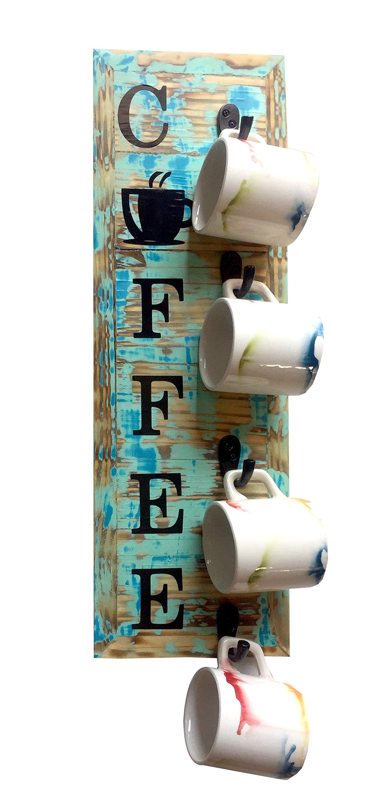 Xclusive Alishba Enterprises 4 Hooks Rustic Pine Wood Coffee Mug Holder Wall Mounted Cup Display Organizer with But First Coffee Sign for Home, Kitchen Storage, Brown