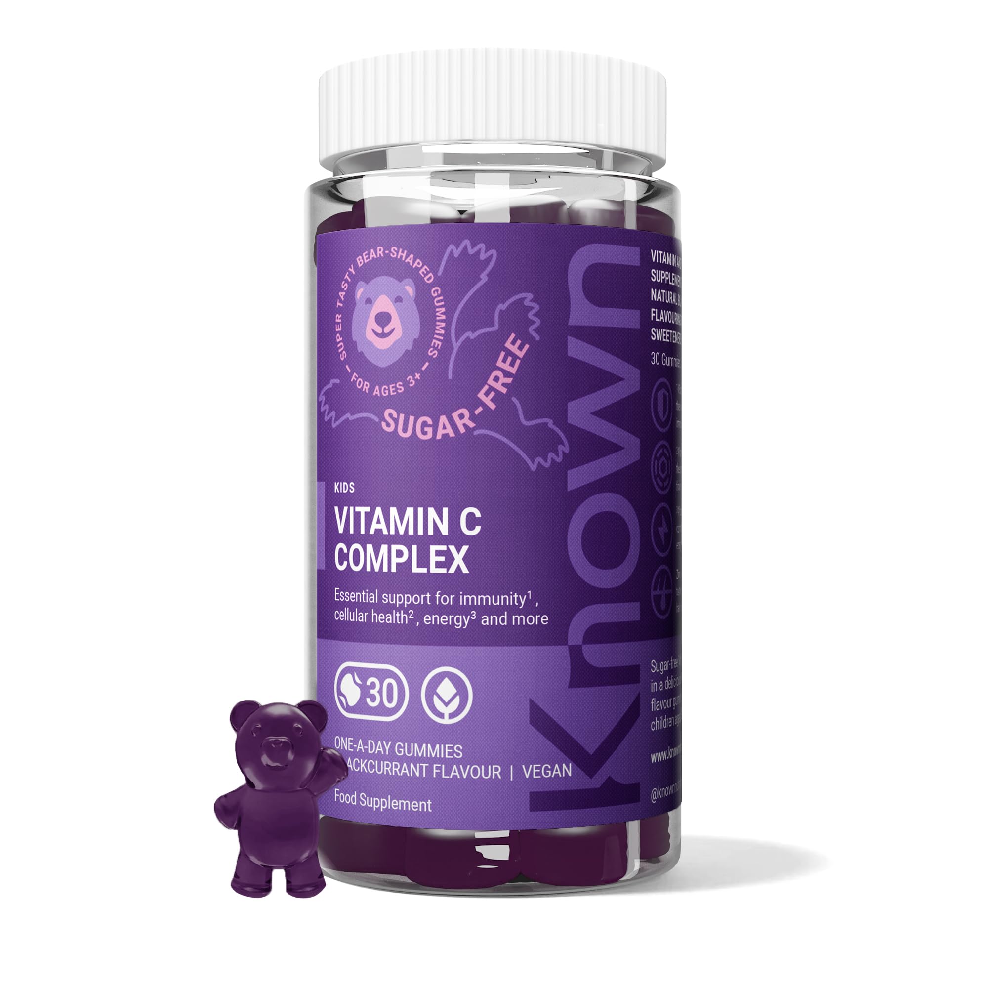 Kids Vitamin C Complex Gummies - Sugar-Free, Vitamin C & Zinc - Immune Support - Natural Blackcurrant Flavour - 30 Vegan Gummies, 1 Month Supply