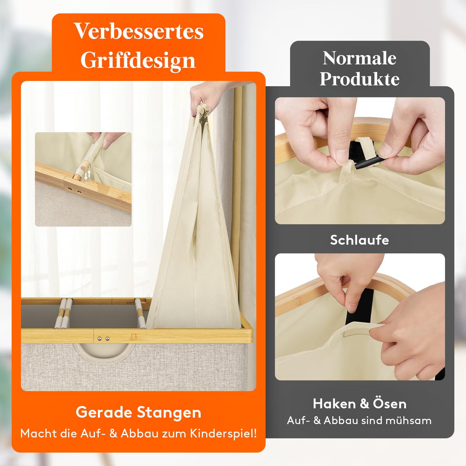 Lifewit 170L Bambus Wäschekorb mit Deckel, Faltbar Wäschesammler 3 Fächer Wäschesortierer mit Abnehmbarem Wäschesack Bambus Griffen Wäschebox Laundry Baskets für Waschküche, Schlafzimmer, Beige