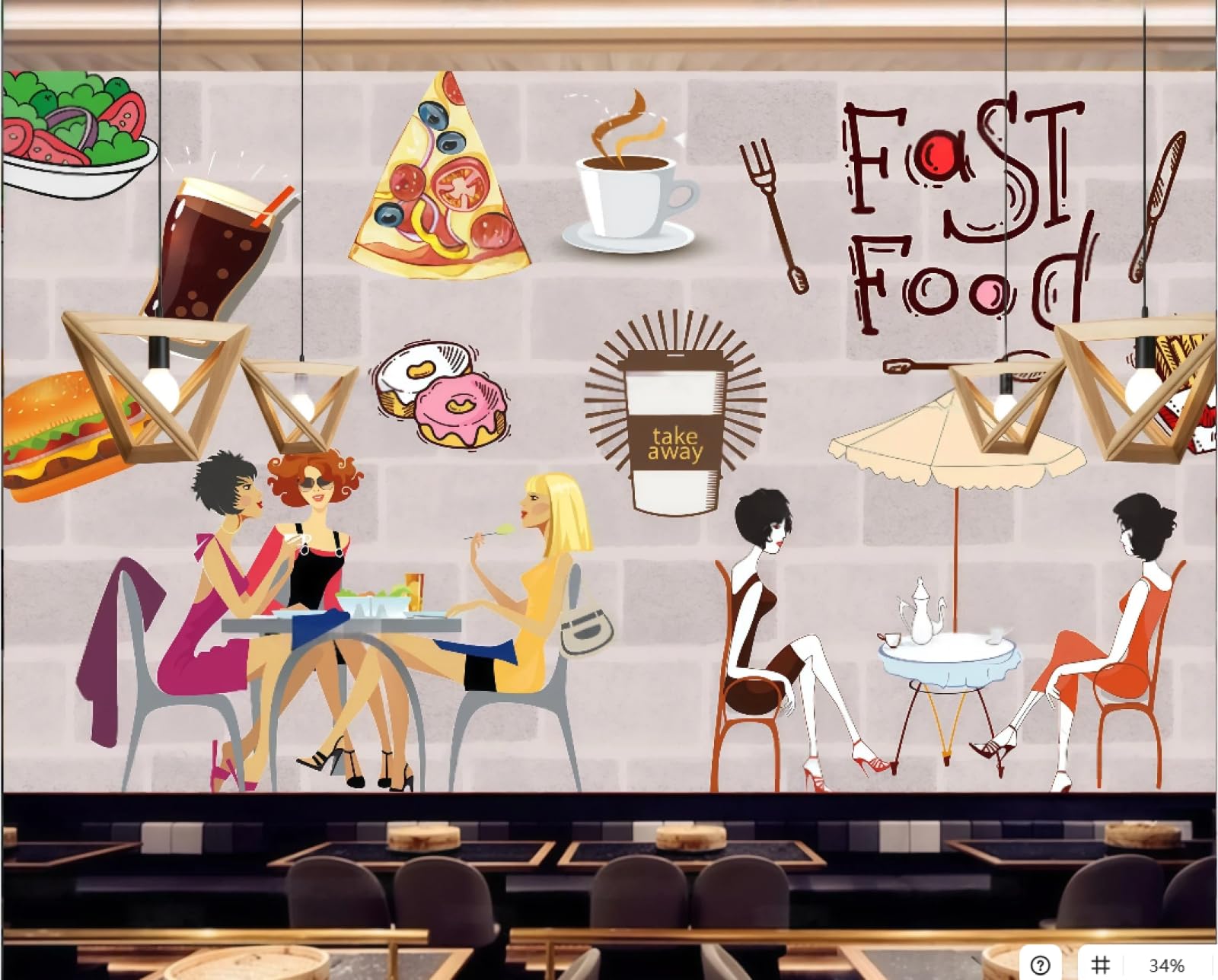 XDOUBAO Wallpaper Nostalgic Brick Wall Hand-Painted Burger Pizza Fast Food Restaurant Dessert Afternoon Tea Western Restaurant Background Wall Wallpaper Coffee Shop Mural,3D,250x175cm