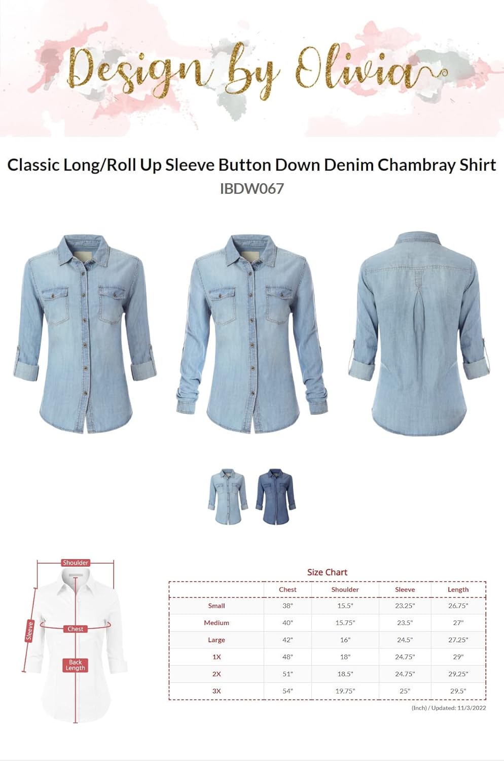 Design by Olivia Women's Classic Long/Roll Up Sleeve Button Down Denim Chambray Shirt - Image 4