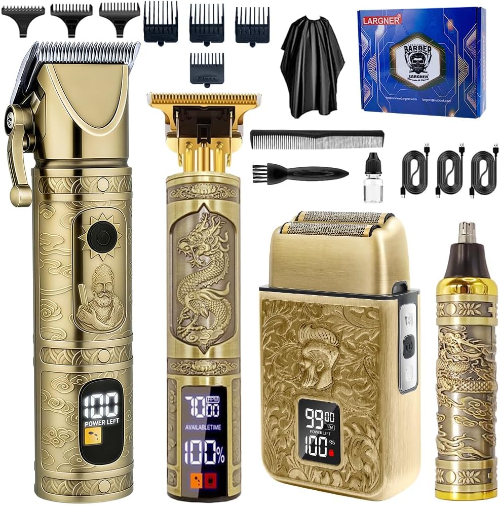 Hair Clippers for Men Professional, Beard Trimmer Kits & Sets, Cordless Mens Hair Trimmer, Electric Shavers, Haircutting Machine with LED Display (Bronze-4in1)