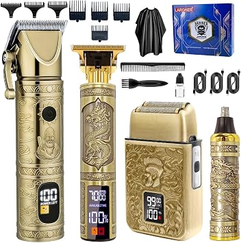 Hair Clippers for Men Professional, Beard Trimmer Kits & Sets, Cordless Mens Hair Trimmer, Electric Shavers, Haircutting Machine with LED Display Bronze-4in1