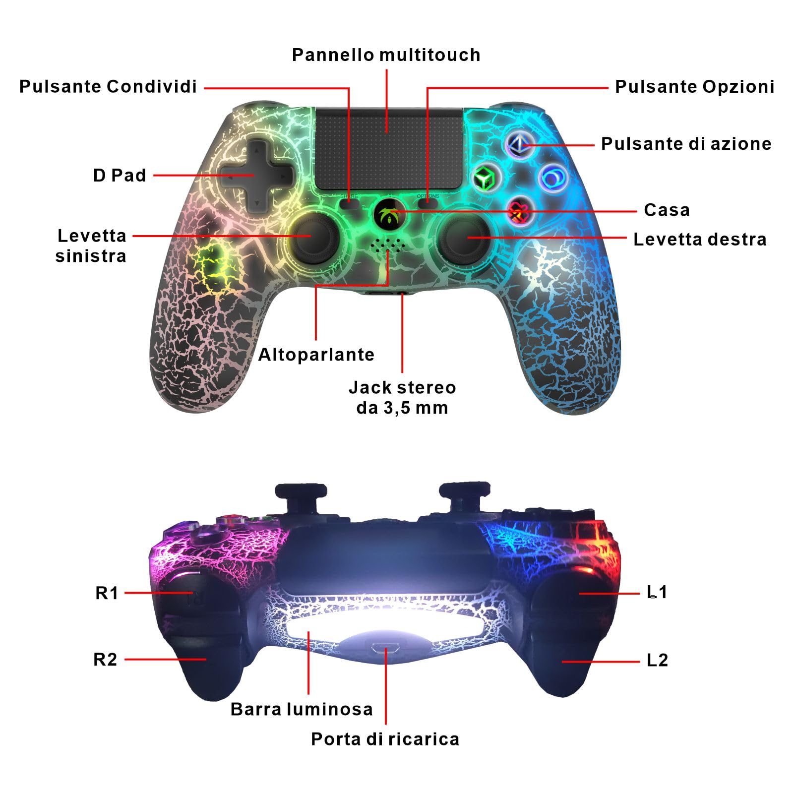 wireless Controller per PS4, Gamepad wireless con vibrazione doppia, con luce RGB, joystick PS4 per PS4/Slim/Pro/PC(B)
