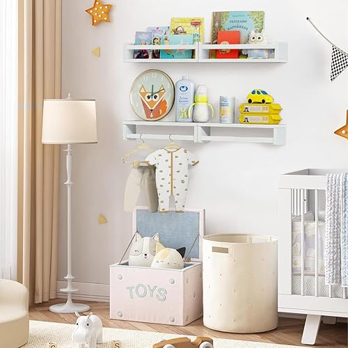 Miniatura 2 de Juego de 4 estantes flotantes de pared para habitación de niños, guardería, dormitorio, estanterías de madera blanca para juguetes, libros,