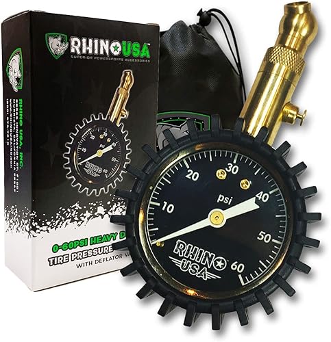 Rhino USA Medidor de presión de neumáticos de alta resistencia (0-60 PSI) - Certificado ANSI B40.1 preciso, gran esfera brillante de 2 pulgadas de