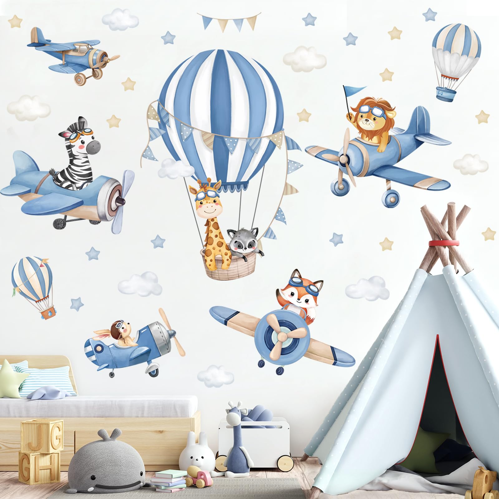 decalmile Pegatinas de Pared Animales Globos Aerostáticos Azul Vinilos Decorativos Avión Animales Jirafa León Zorro Adhesivos Pared Habitación Infantiles Niños Bebés Guardería